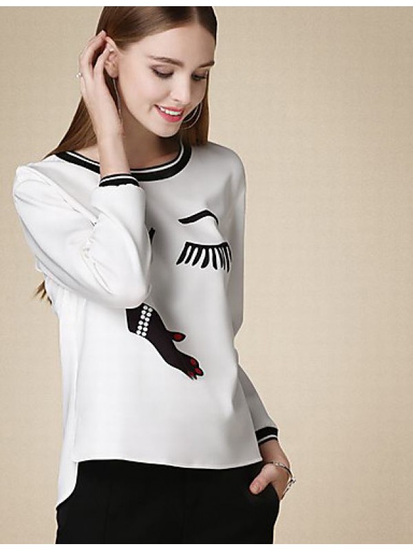 Women's Casual/Daily Cute Fall T-shirtPrint Round Neck Long Sleeve White Cotton Medium