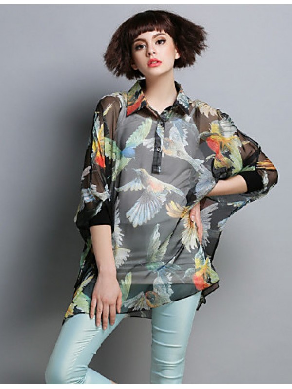 Boutique S Women's Going out Street chicBlouse,Animal Print Shirt Collar ? Length Sleeve Black Polyester Translucent