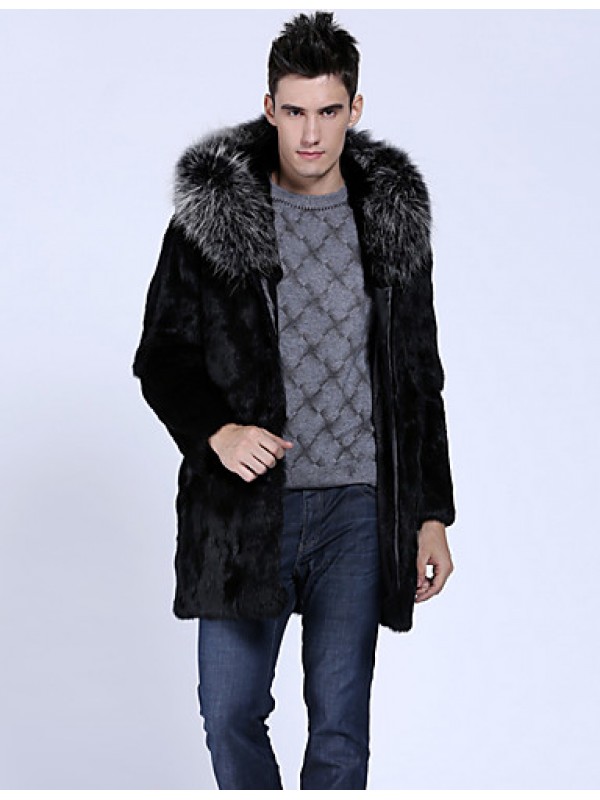 Men's Casual/Daily / Formal / Work Vintage / Street chic Hodded Fur Coat Solid Long Sleeve Winter Black Faux Fur Thick