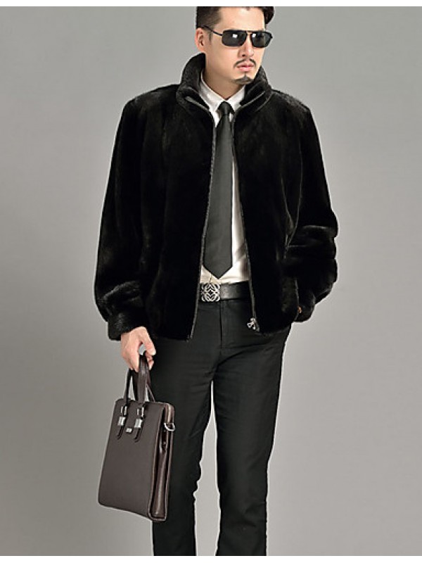 Men's Casual / Formal / Work Vintage / Street chic Zip Coat Solid Long Sleeve Winter Black Faux Fur Thick