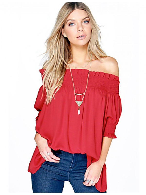 Women's Casual/Daily Sexy / Street chic Spring Blouse,Solid Boat Neck ? Length Sleeve Red / Black / Orange Polyester Thin