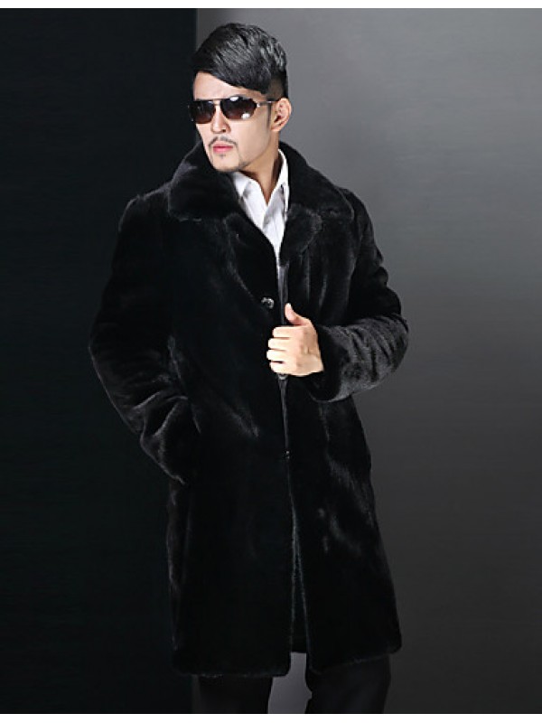 Men's Casual/Daily / Formal Vintage / Street chic Coat Solid Peaked Lapel Long Sleeve Winter Black Faux Fur Thick