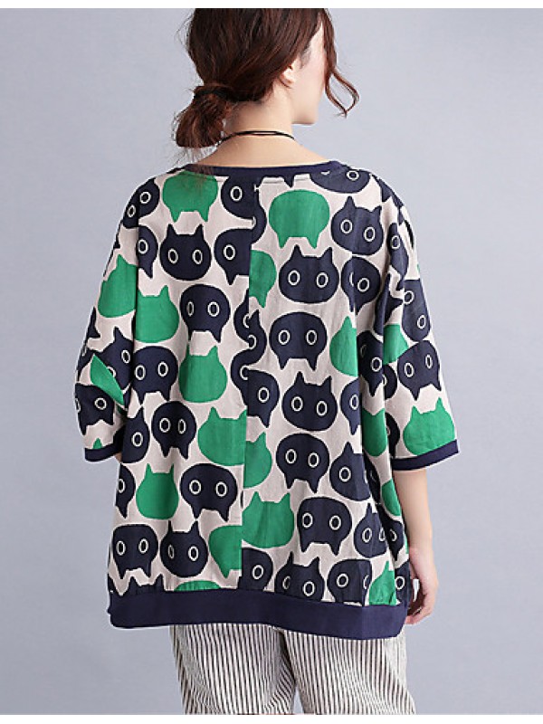 Women's Casual/Daily Cute / Street chic Spring / Fall T-shirt Print Round NeckSleeve Green Cotton / Linen Medium