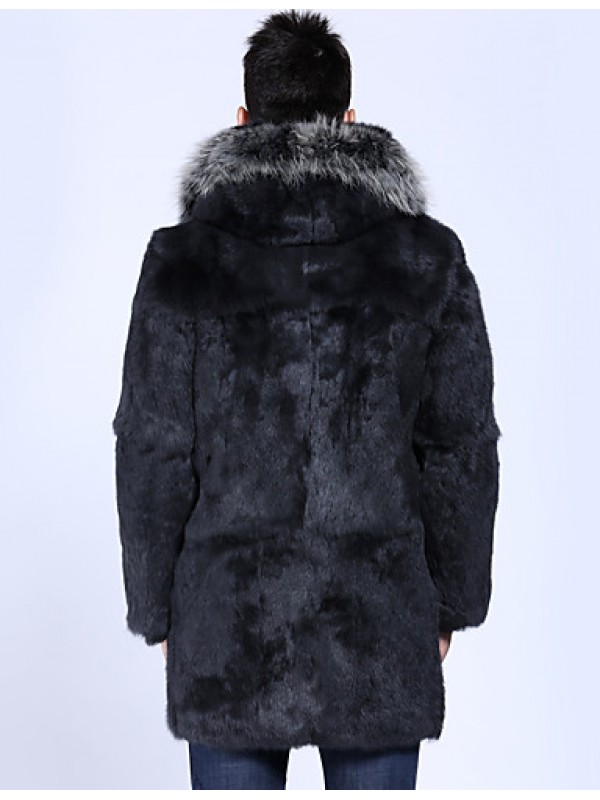 Men's Casual/Daily / Formal / Work Vintage / Street chic Hodded Fur Coat Solid Long Sleeve Winter Black Faux Fur Thick