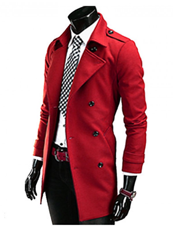 Brand Hight Quality Men's Casual/Daily Simple Trench CoatSolid Stand Long Sleeve Fall / Winter Red / Black / Gray