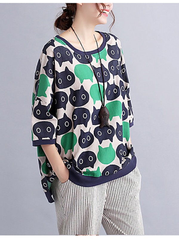 Women's Casual/Daily Cute / Street chic Spring / Fall T-shirt Print Round NeckSleeve Green Cotton / Linen Medium