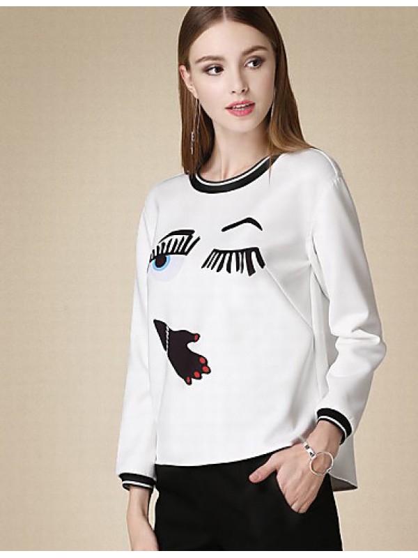 Women's Casual/Daily Cute Fall T-shirtPrint Round Neck Long Sleeve White Cotton Medium