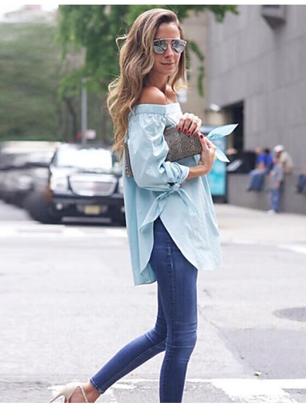 Women's Casual/Daily Sexy / Street chic Spring Blouse,Solid Boat Neck Long Sleeve Blue Cotton / Polyester Thin