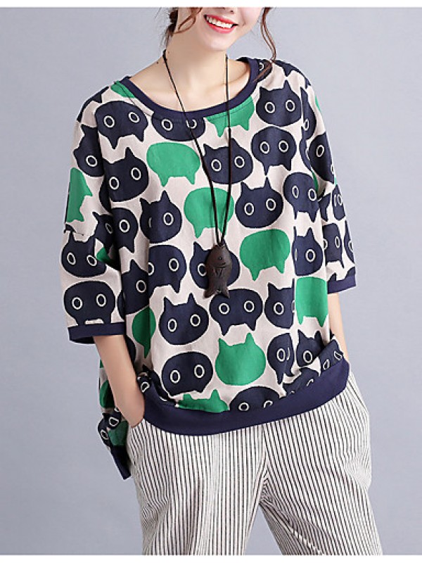 Women's Casual/Daily Cute / Street chic Spring / Fall T-shirt Print Round NeckSleeve Green Cotton / Linen Medium