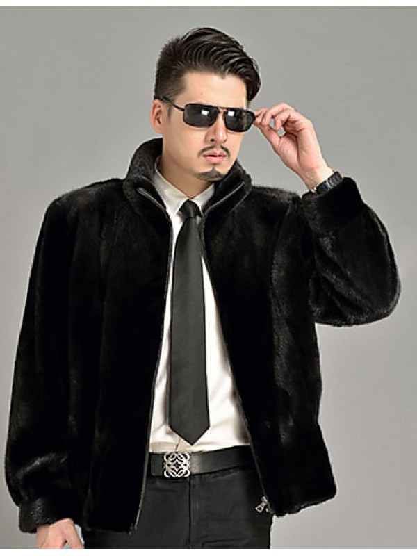 Men's Casual / Formal / Work Vintage / Street chic Zip Coat Solid Long Sleeve Winter Black Faux Fur Thick